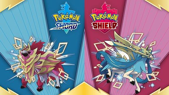 Shiny Zacian and Shiny Zamazenta in front of the Pokémon Sword and Shield background